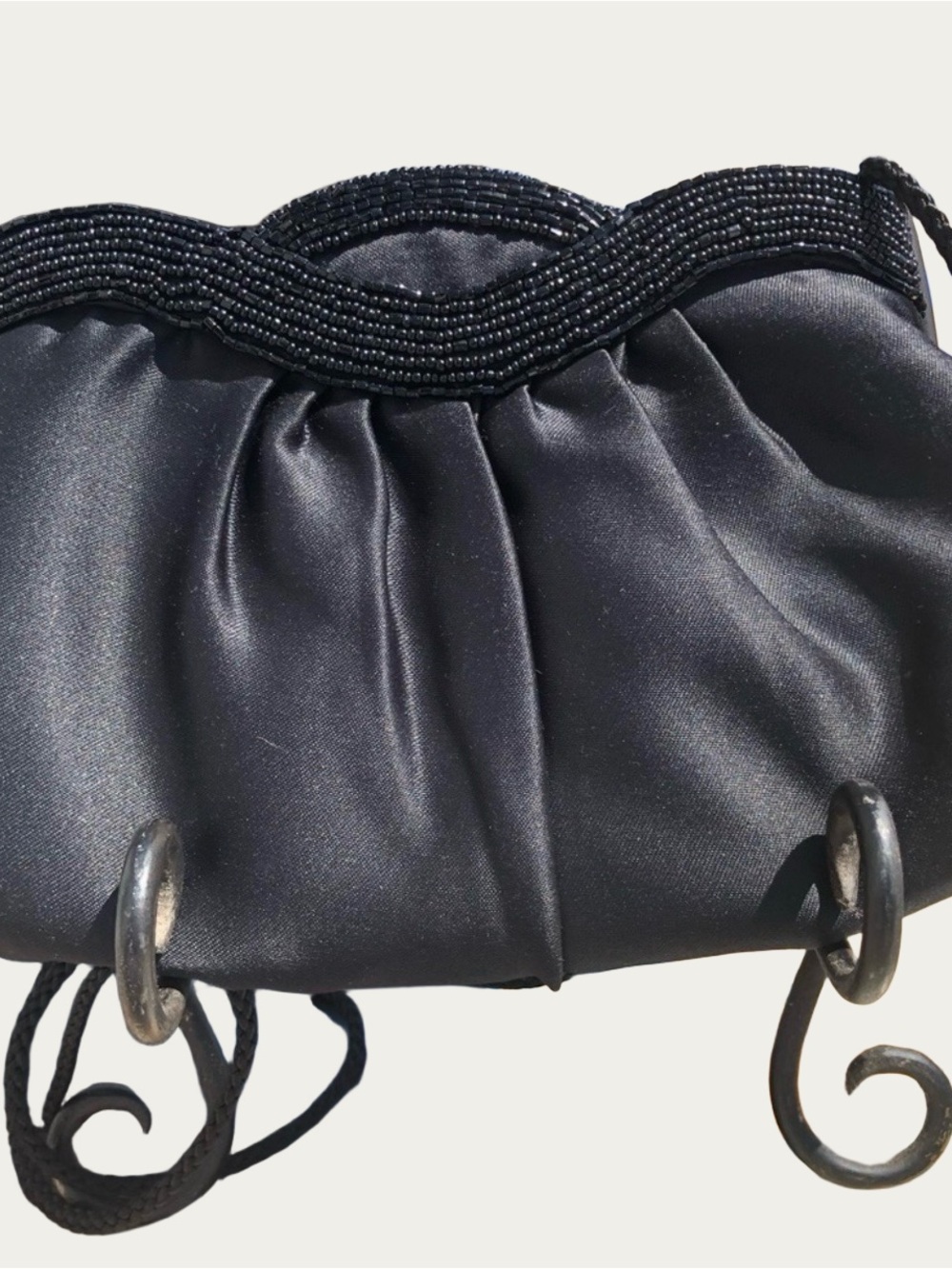 ADG Vintage Black Satin & Beaded Scalloped Evening Bag Clutch